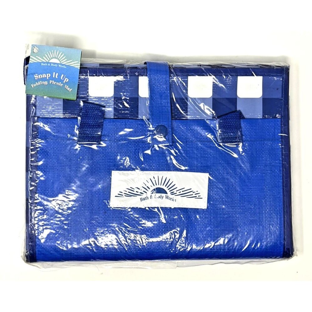 Bath & Body Works Vtg Snap It Up Blue White Check Folding Picnic Mat Wipeable